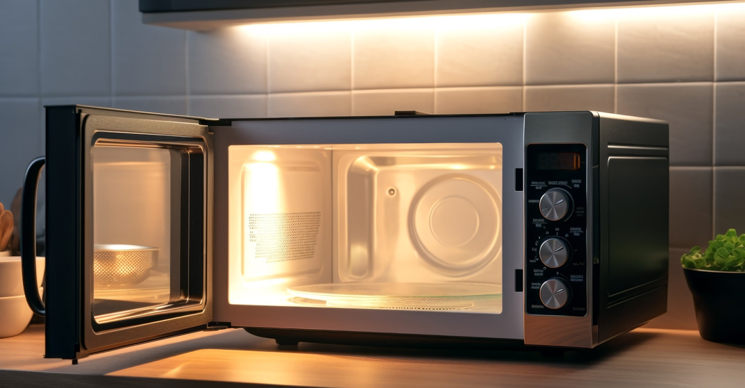 Close up einer geöffneten no-name Mikrowelle, beleuchtet, angenehmes Licht, im Hintergrund moderne Küchenfront